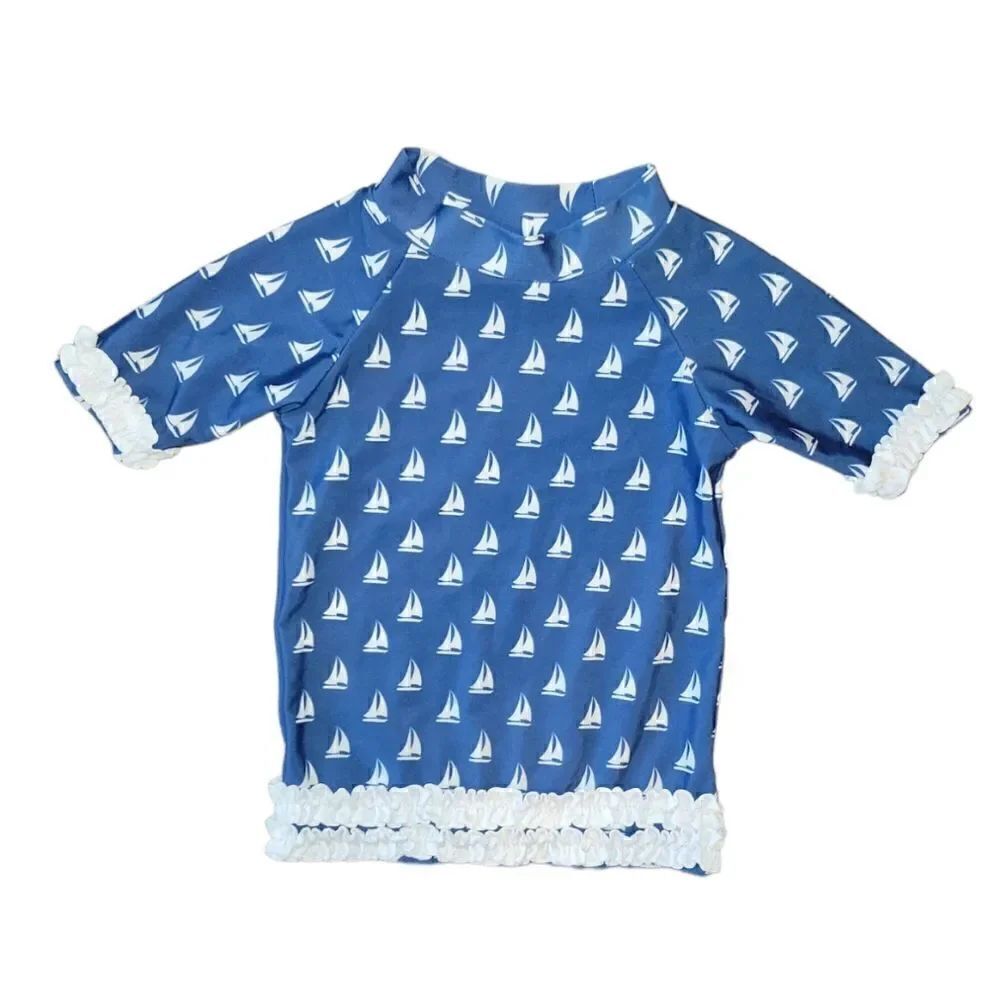 Ruffle Butts Nautical Blue White Sailboat Rashguard Swimsuit Bathing Top 18-24M